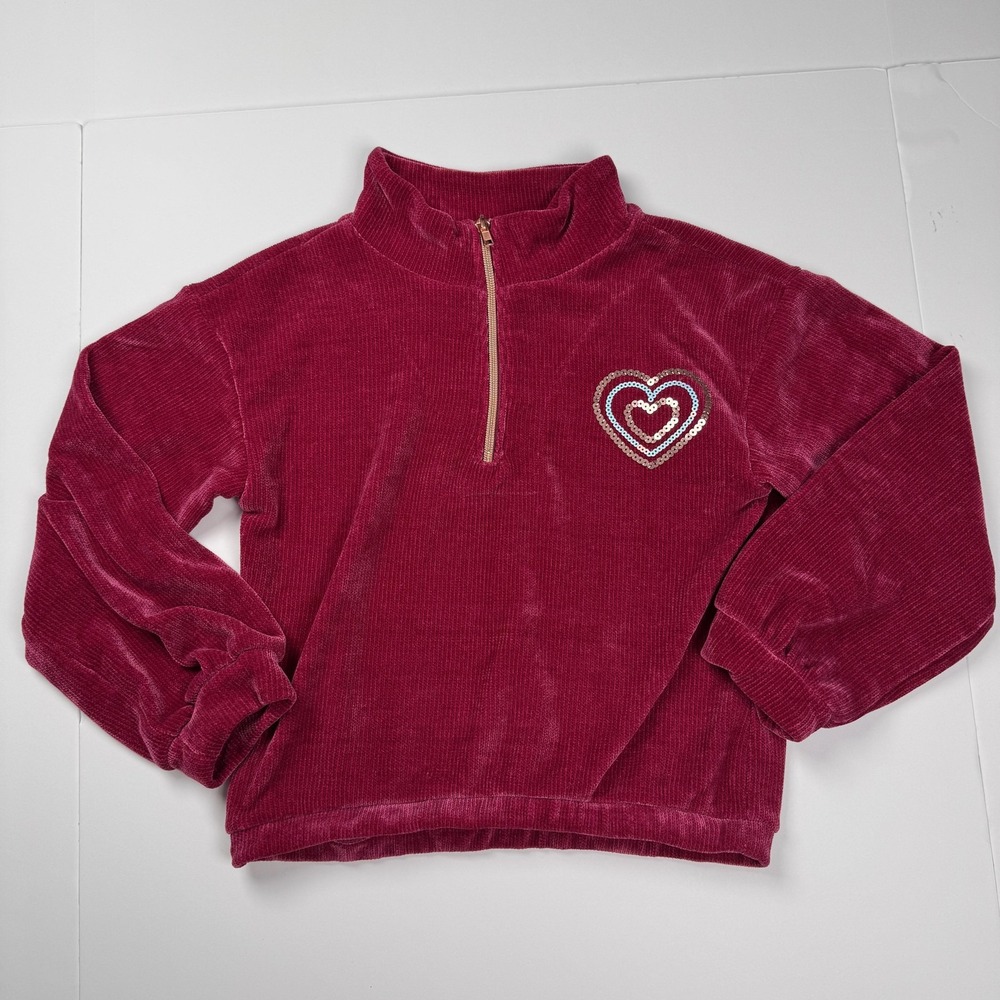 Vince Camuto Girls Pink Velvet Corduroy Half Zip Heart Pullover Sweater Size 10